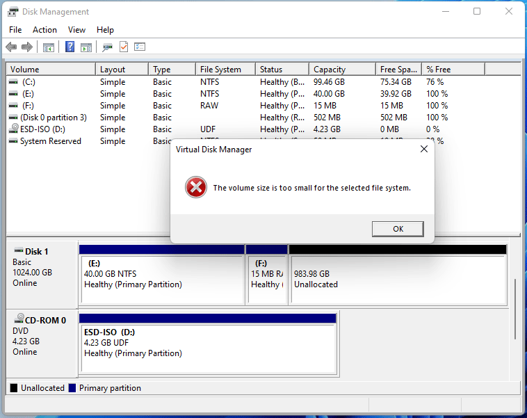 the volume size is too small for the selected file system