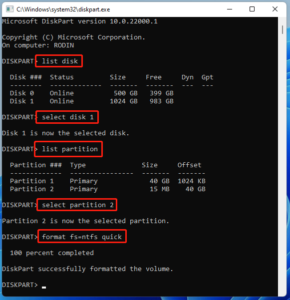 format a partition using commands