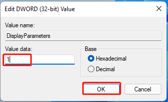 change the value data of DisplayParameters to 1