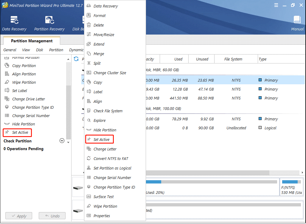 Set the partition as active via MiniTool Partition Wizard