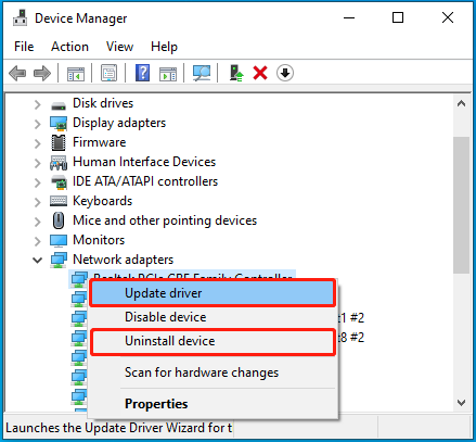 Select Update driver aliases Uninstall device