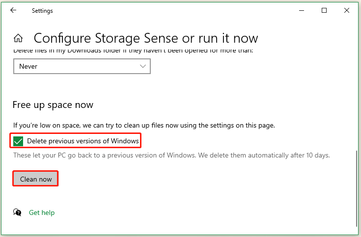 delete previous versions of Windows from Storage Sense
