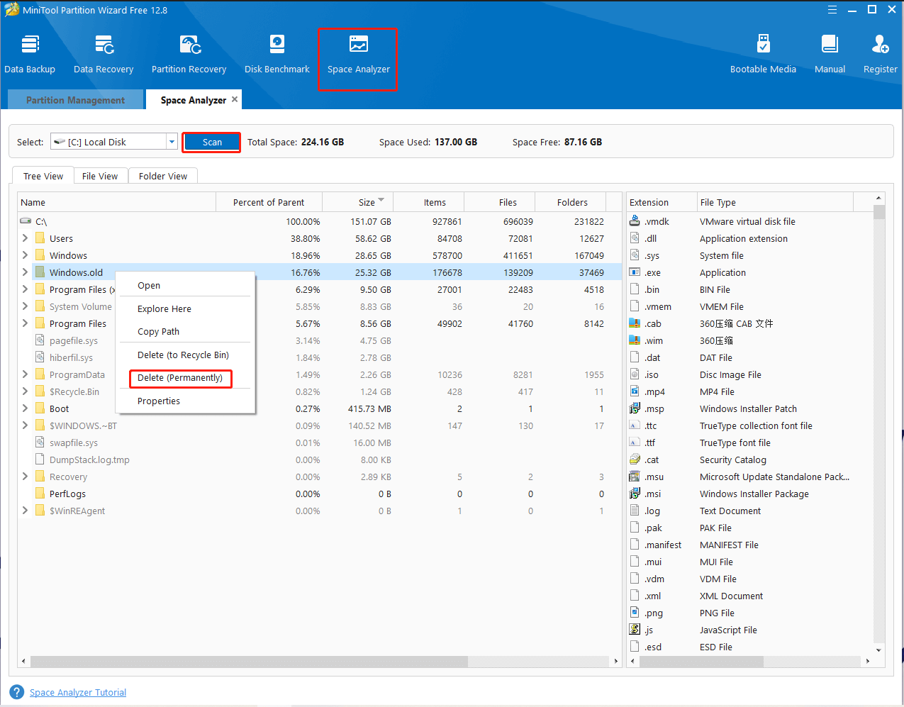 delete Windows old using MiniTool