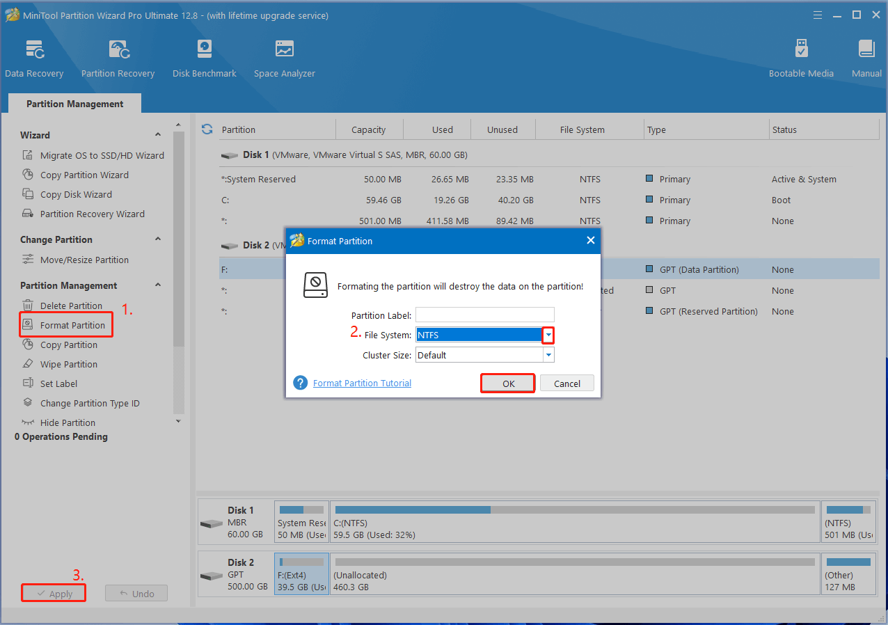 format Ext4 to NTFS using MiniTool