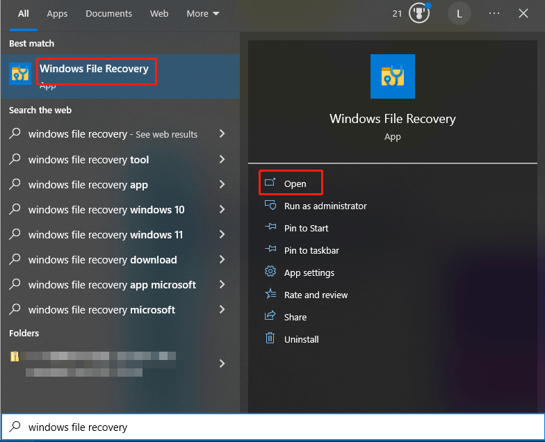open Windows File Recovery from the search box