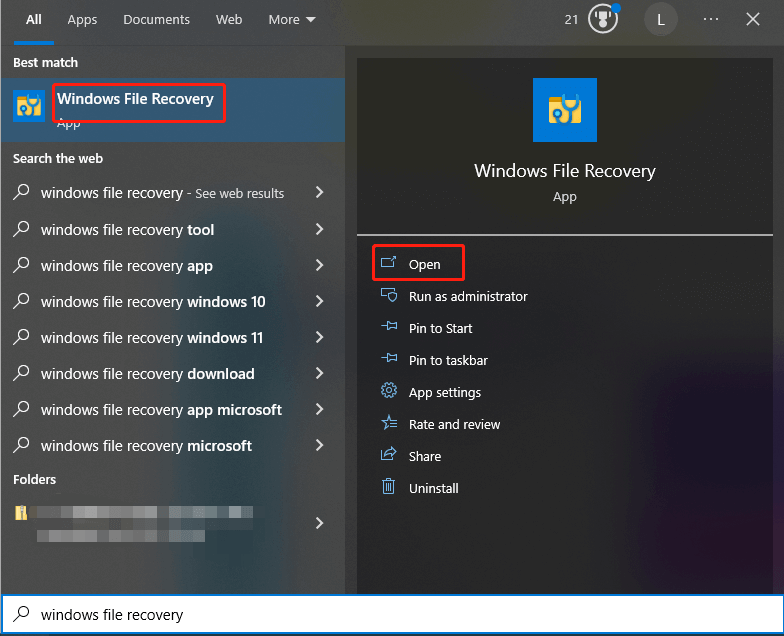 open Windows File Recovery from nan hunt box