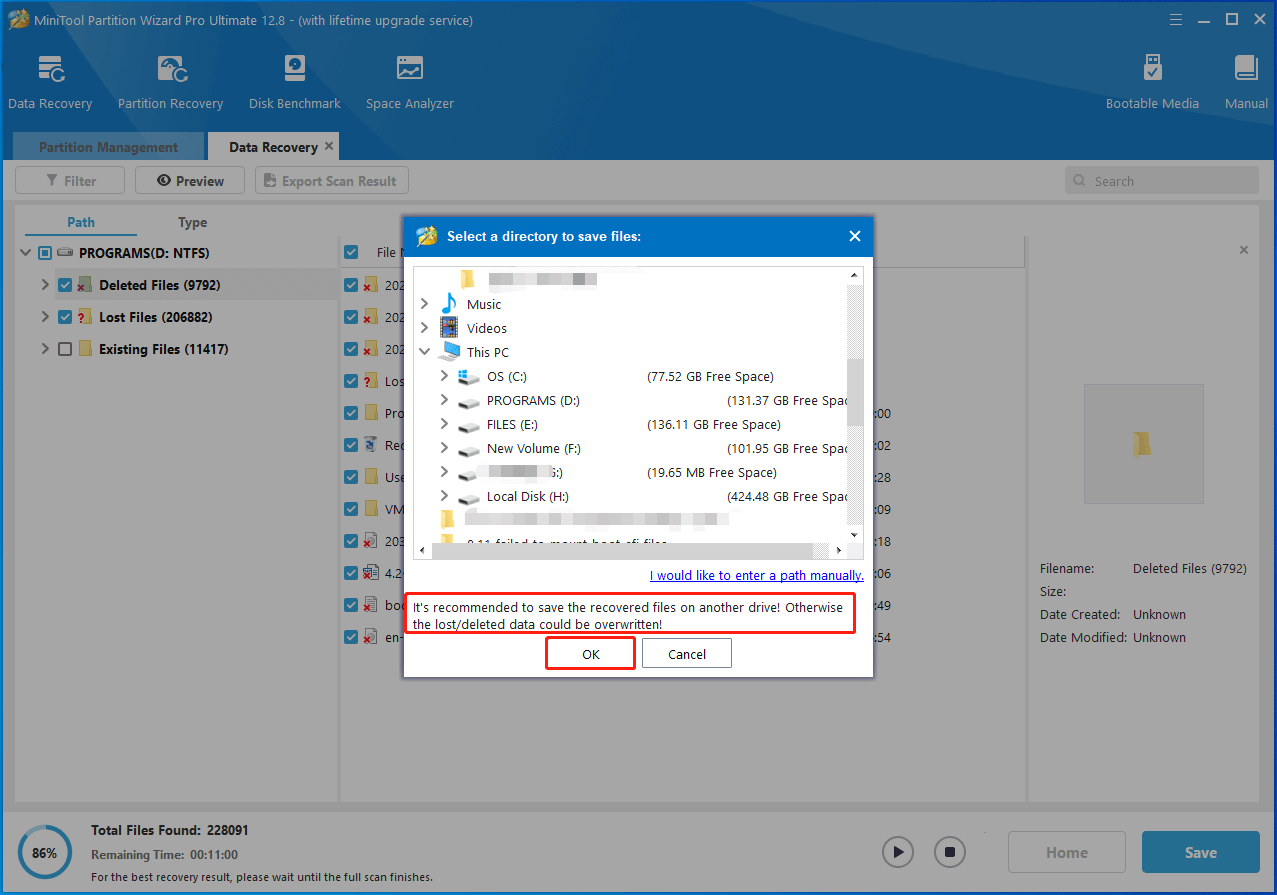 choose a directory for nan recovered files