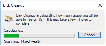 Disk Cleanup stuck connected calculating Mixed Reality