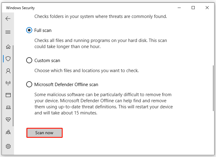 select Full scan connected Windows Security