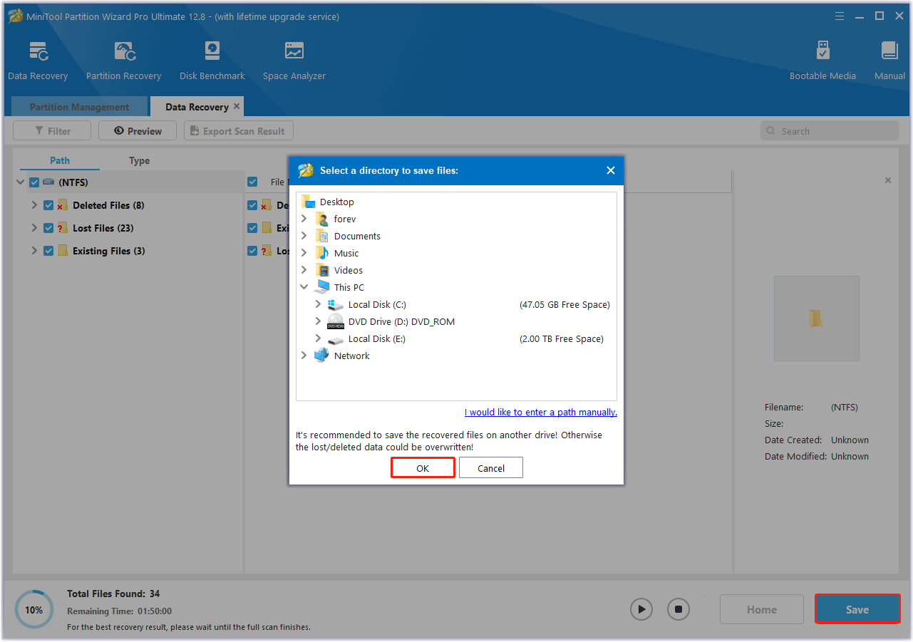 select a directory to save the recovered data