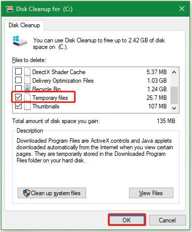 delete temp files utilizing Disk Cleanup