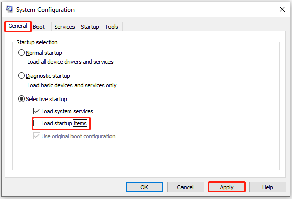 uncheck nan Load startup items box