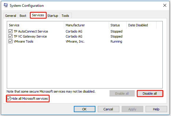 hide each Microsoft services