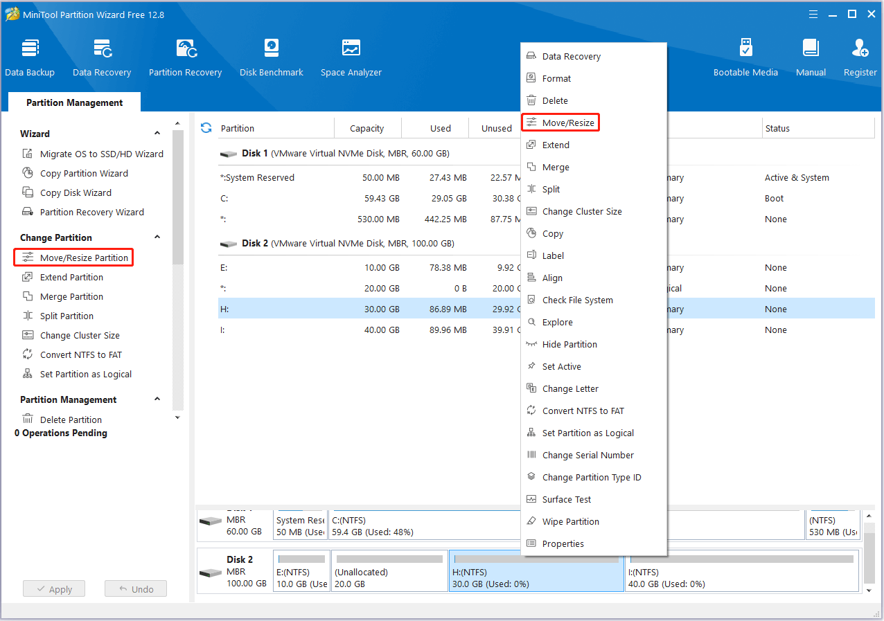 Select Move aliases Resize Partition