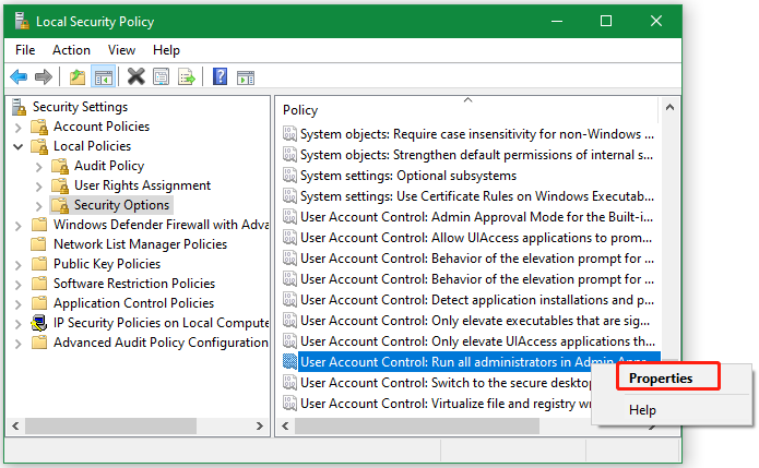 select User Account Control Run all administrators in Admin Approval Mode