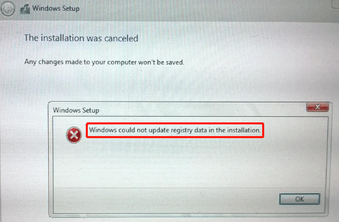 Windows could not update registry data in the installation