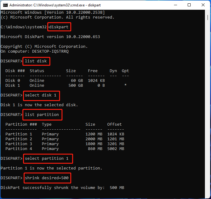 shrink partition using diskpart