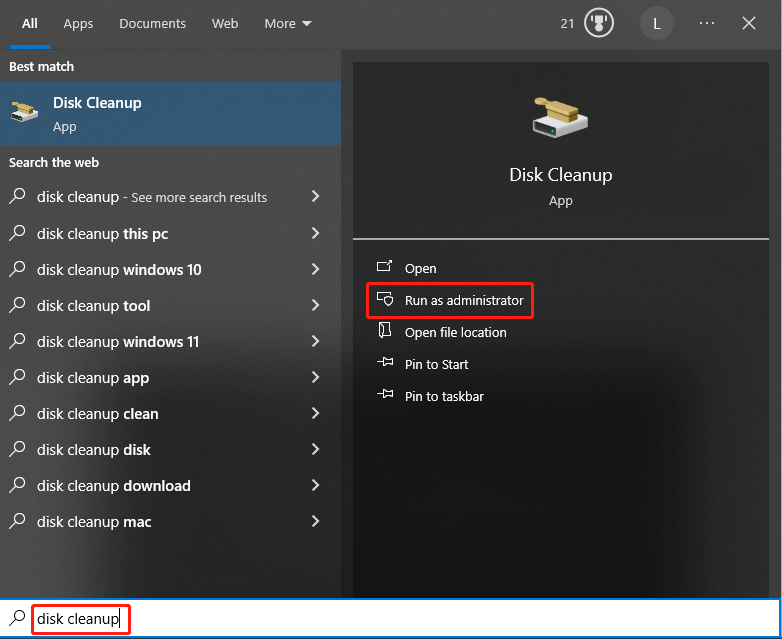 run Disk Cleanup as administrator