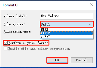 Choose FAT32 and check Perform a quick format