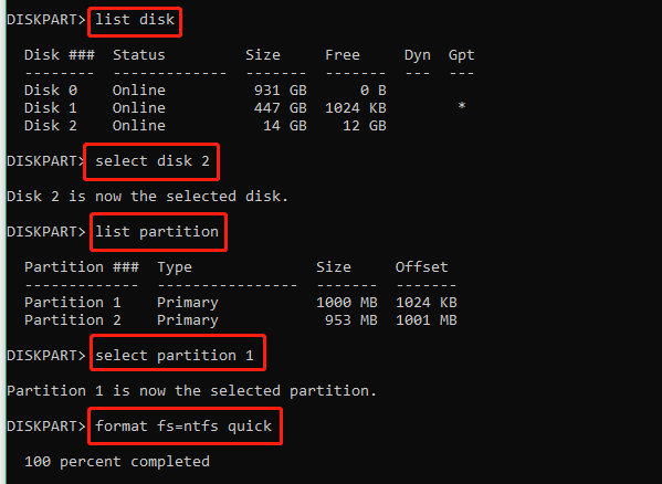 format a partition to NTFS using Diskpart