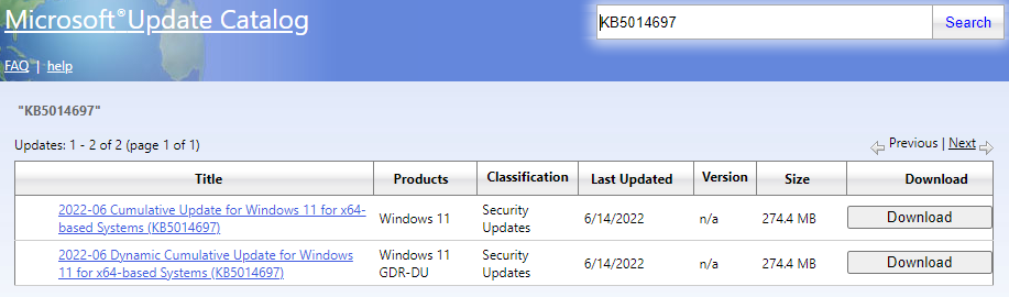 download KB5014697 from Microsoft Update Catalog 