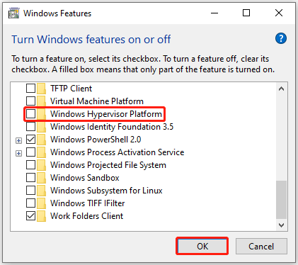 uncheck the Windows Hypervisor Platform option