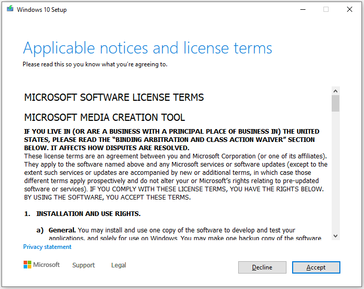 click Accept on Windows 10 setup