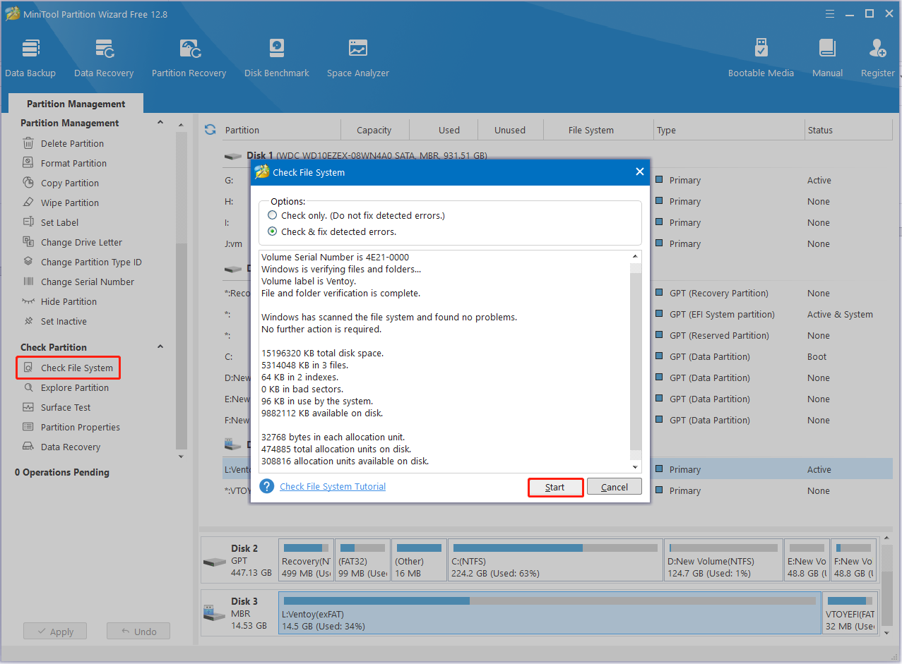 check file system errors using MiniTool