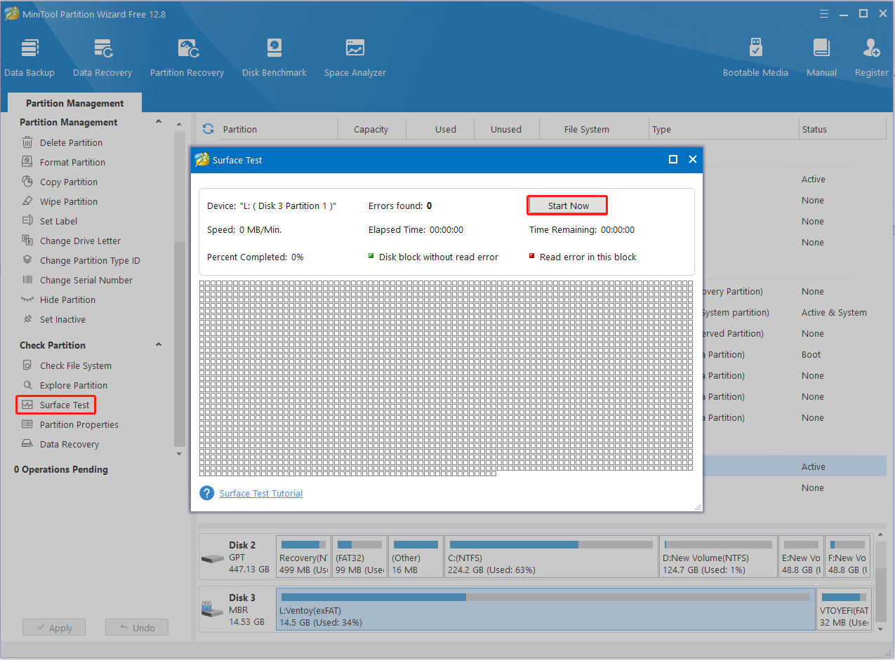 perform a Surface Test using MiniTool