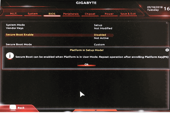 Secure Boot can be enabled when system in User Mode