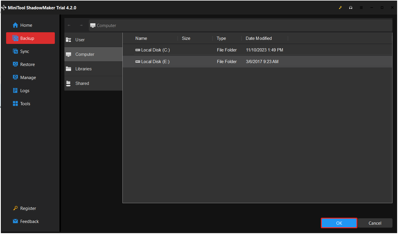 choose a drive to back up the problematic drive data