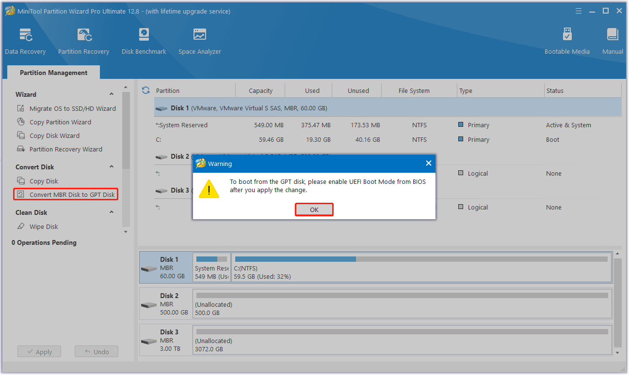 select Convert MBR Disk to GPT Disk and click OK