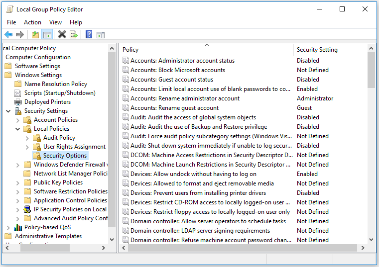navigate to Security Options