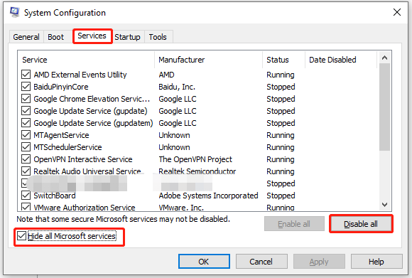 click Disable all