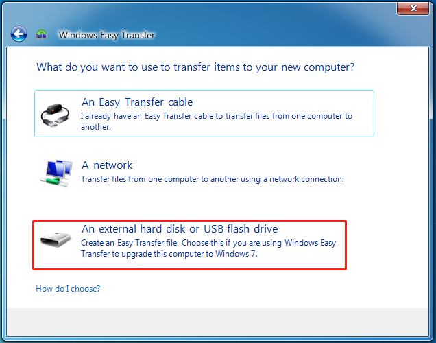 select external hard drive in Window Easy Transfer