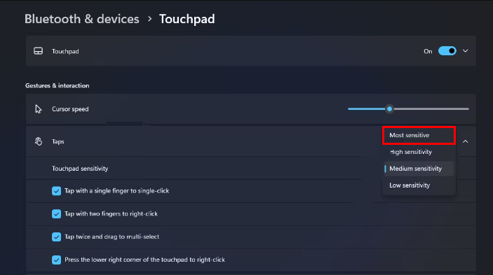 change the touchpad to most sensitive in Windows 11