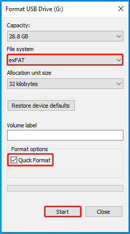 Choose exFAT and click Start