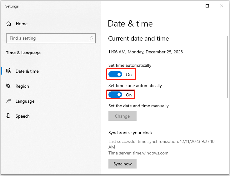 turn on Set time and date options
