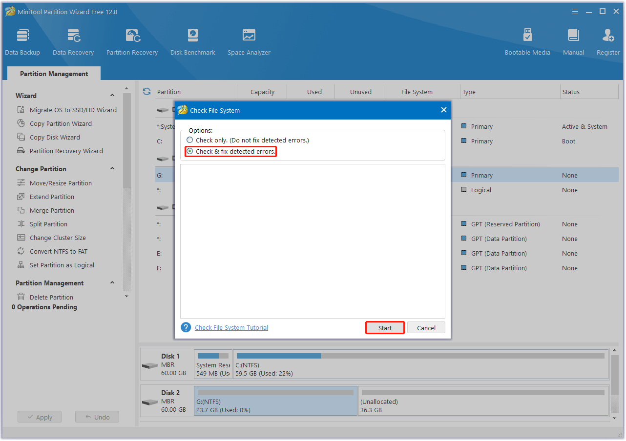 Select Check and fix detected errors