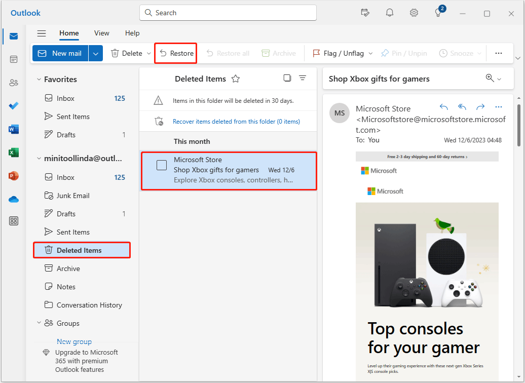 restore deleted items in Outlook