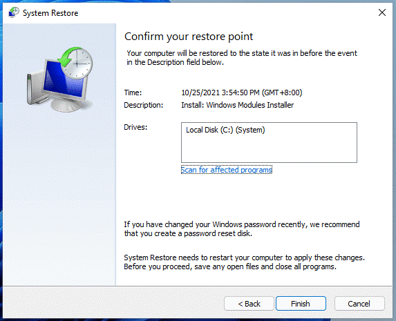 confirm system restore