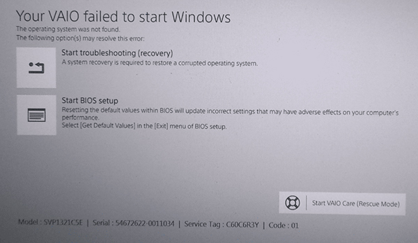 your VAIO failed to start Windows