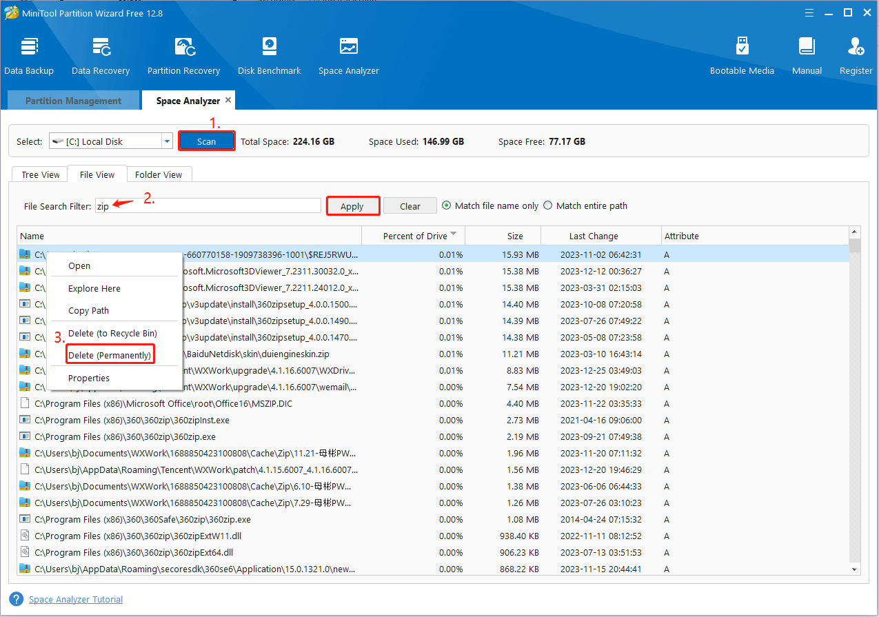 delete zip files using MiniTool