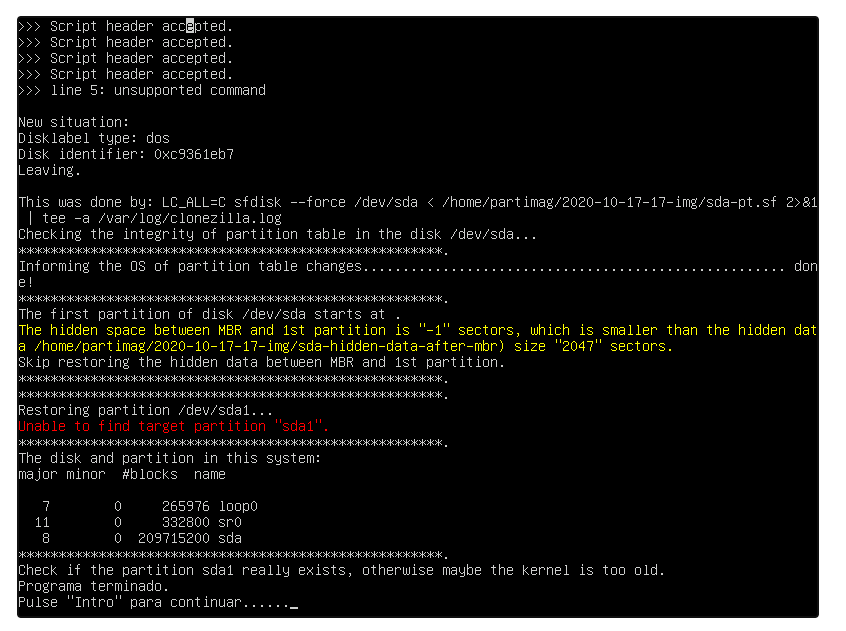 Clonezilla unable to find target partition