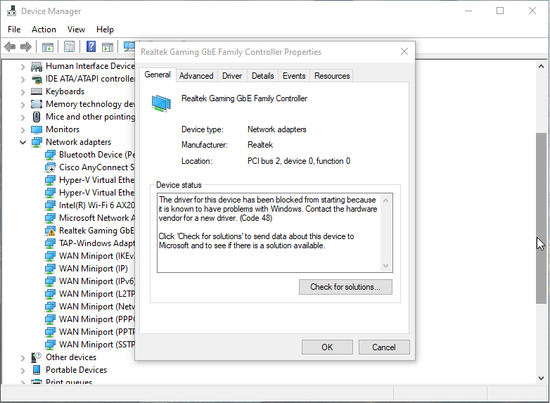 Device Manager error code 48