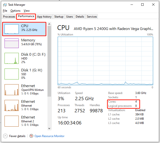 check the number of cores and processors