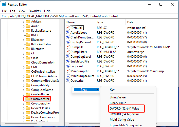select CrashControl in Registry Editor