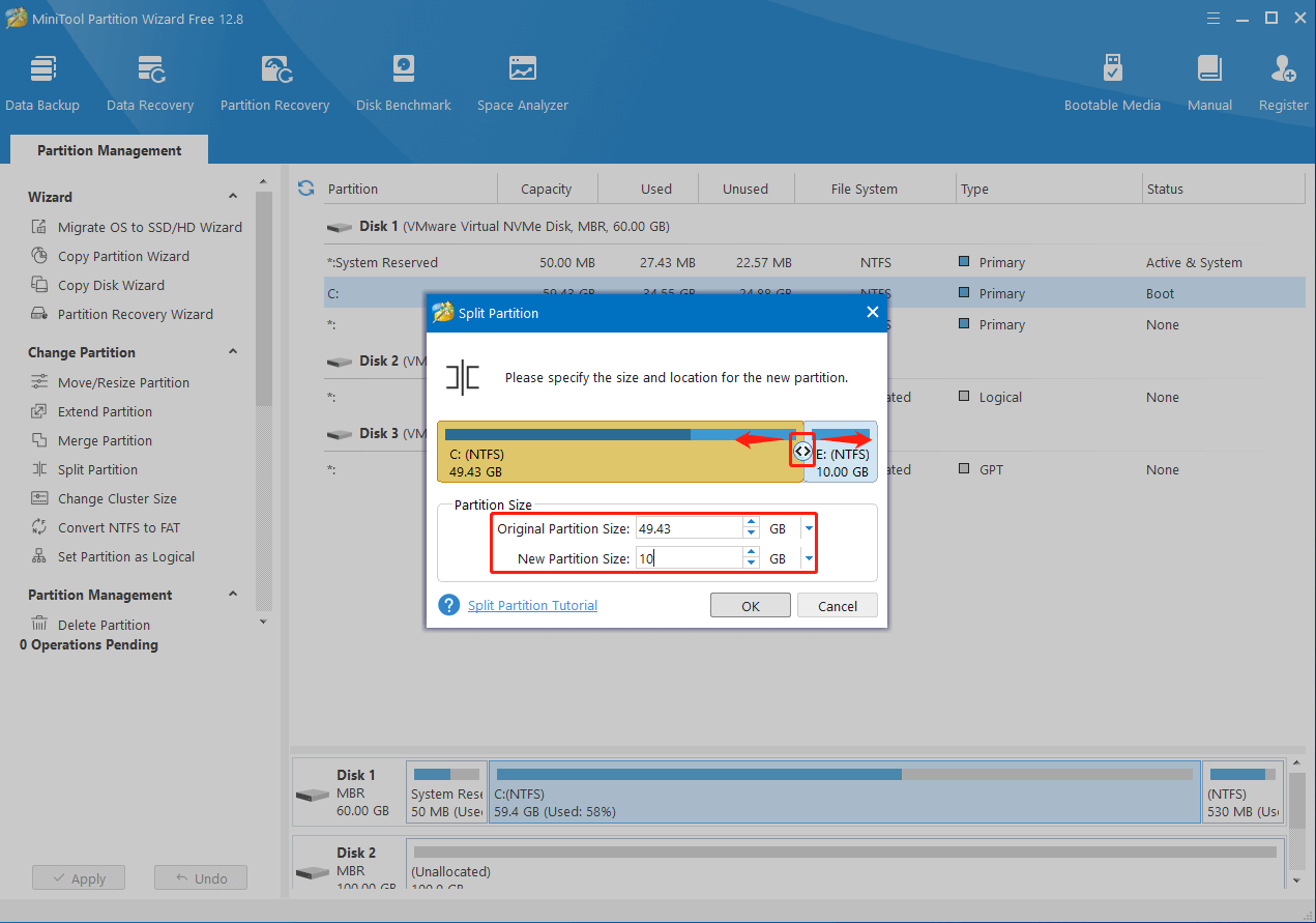 Specify the size and location for the new partition