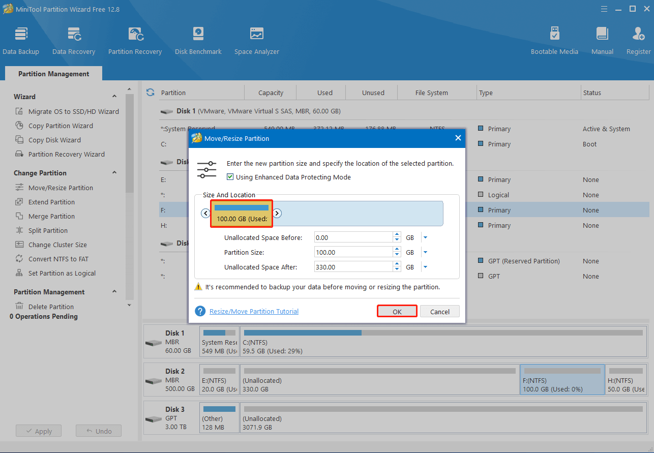 move the partition slider