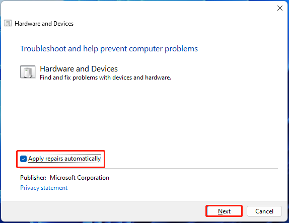 run Windows Hardware and Devices Troubleshooter